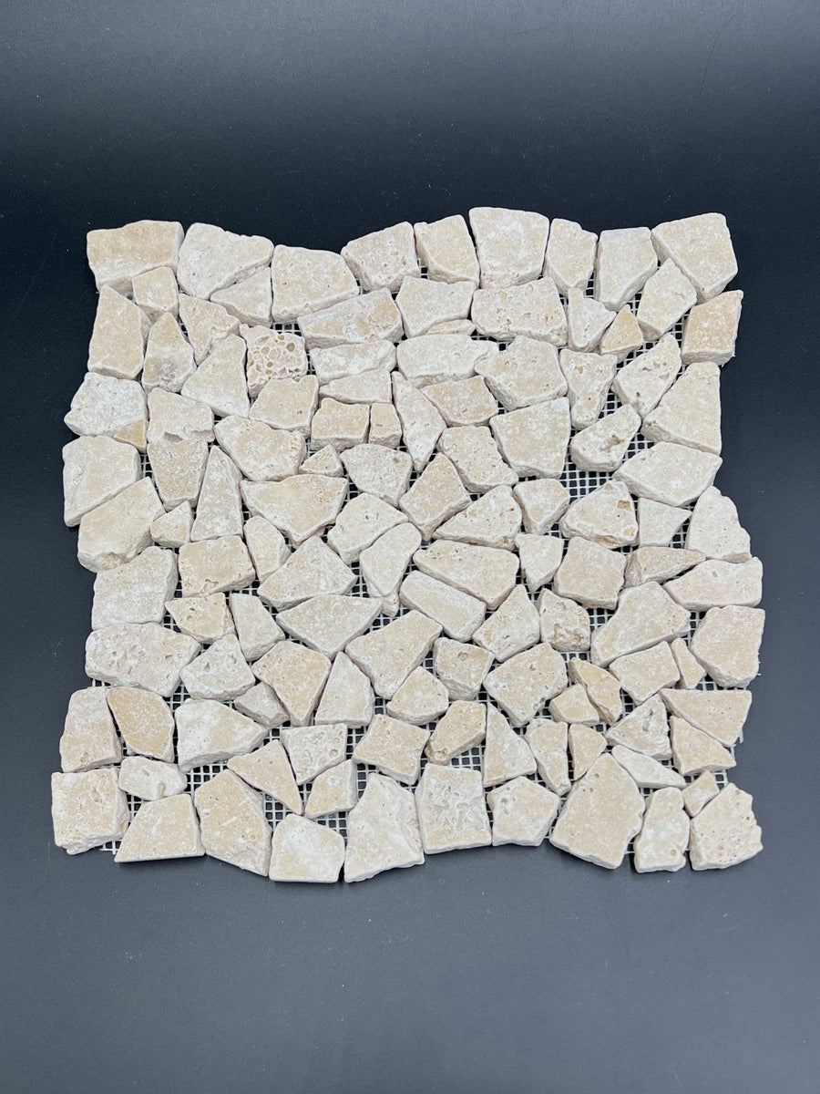Ivory Travertine Flat Pebble Paledian Random Broken Mosaic Tile Ivory Travertine Flat Pebble Paledian Random Broken Mosaic Tile
