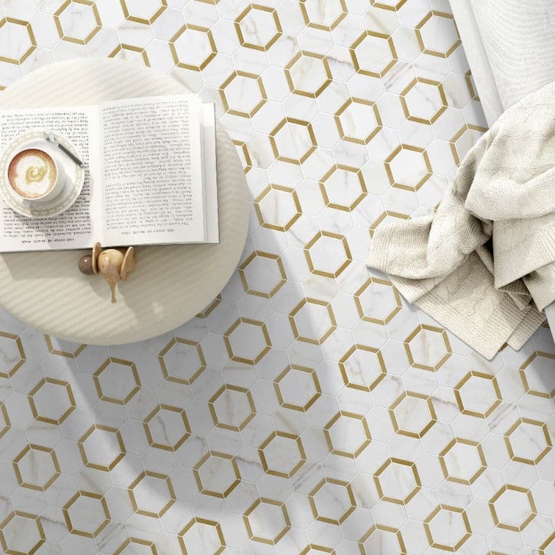 Calacatta Gold Marble Brass Hexagon Polished Mosaic Tile