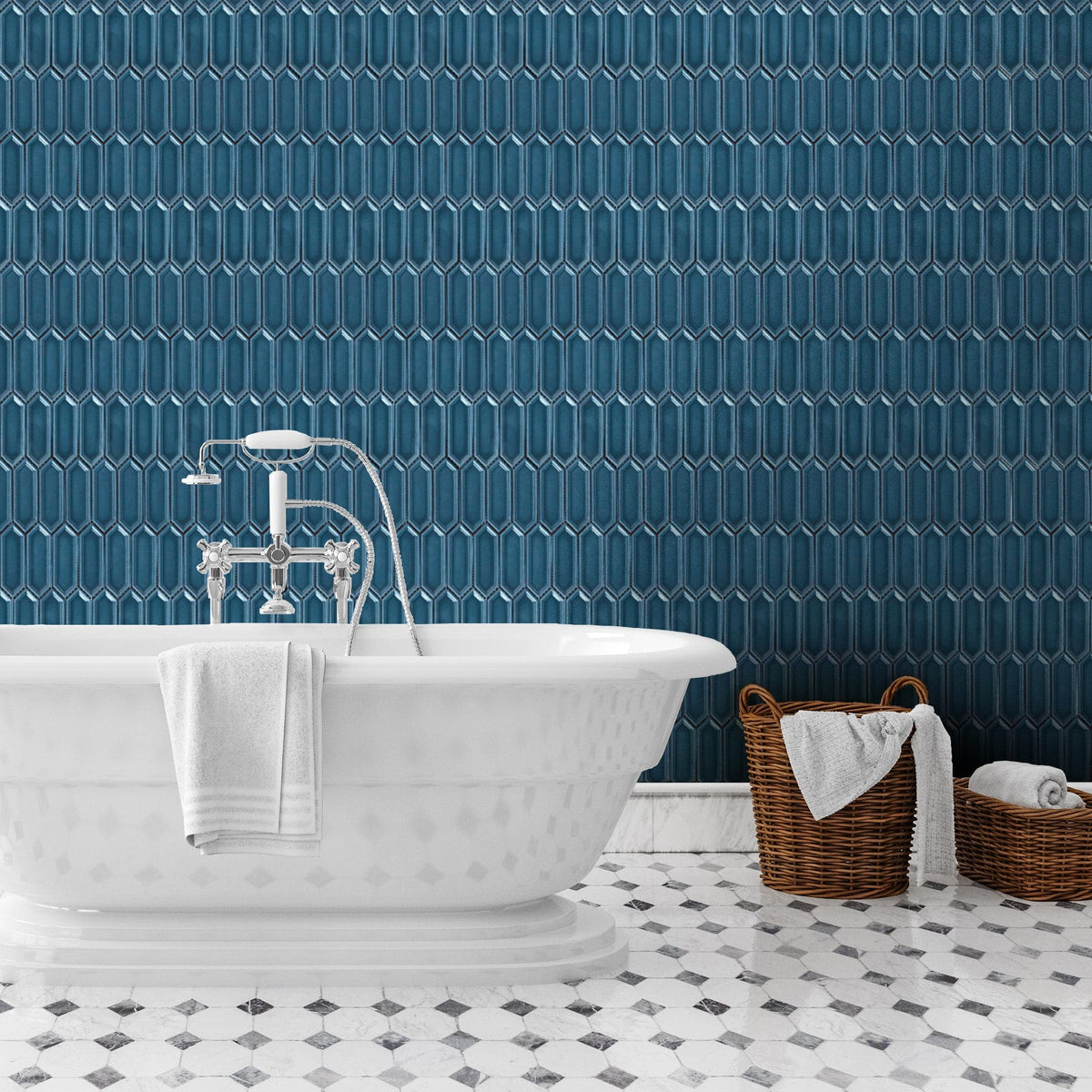 Indigo Blue Ivy Picket Glazed Porcelain Mosaic Tile 