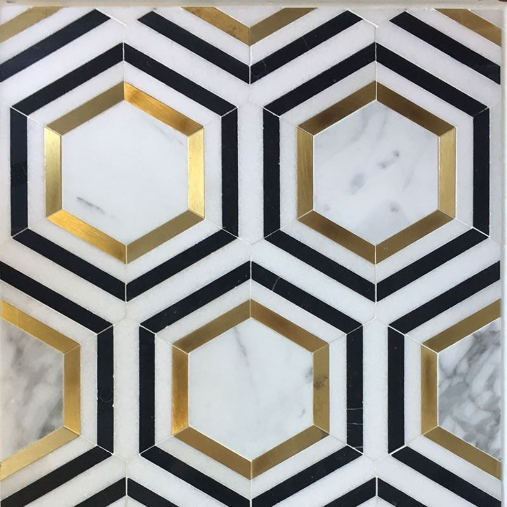 hexagon calacatta gold marble brass mosaic tile