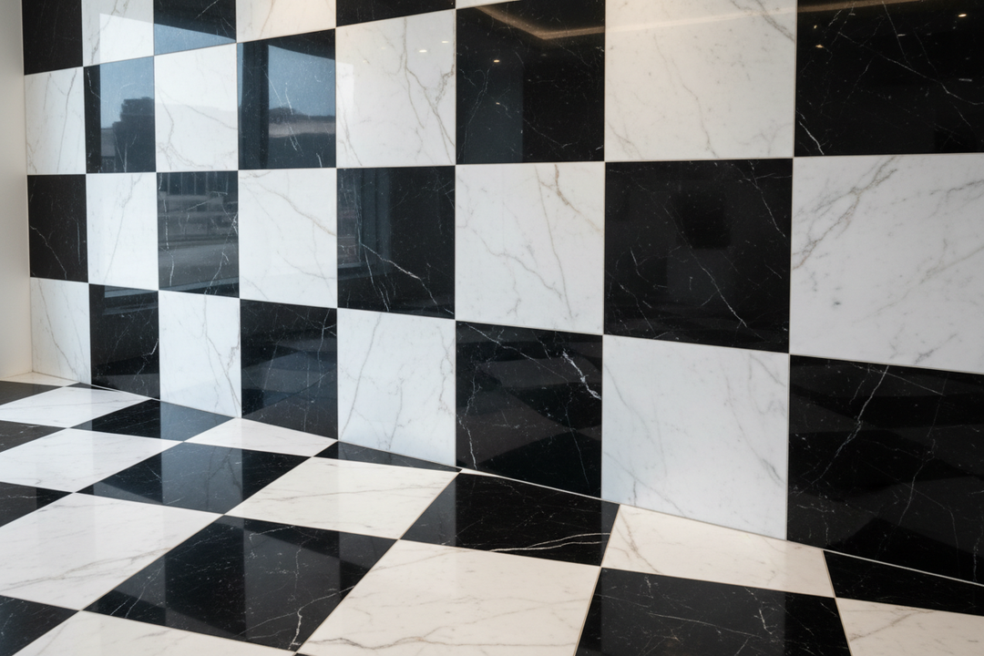 nero marquina white carrara marble checker board
