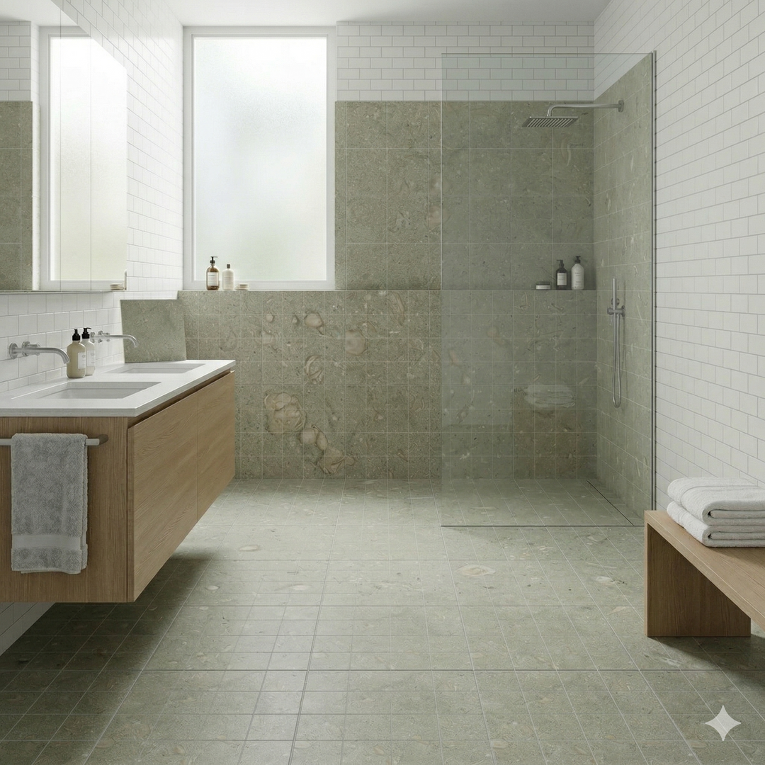 Seagrass limestone tile in a honed finish, showing a matte, low-sheen surface