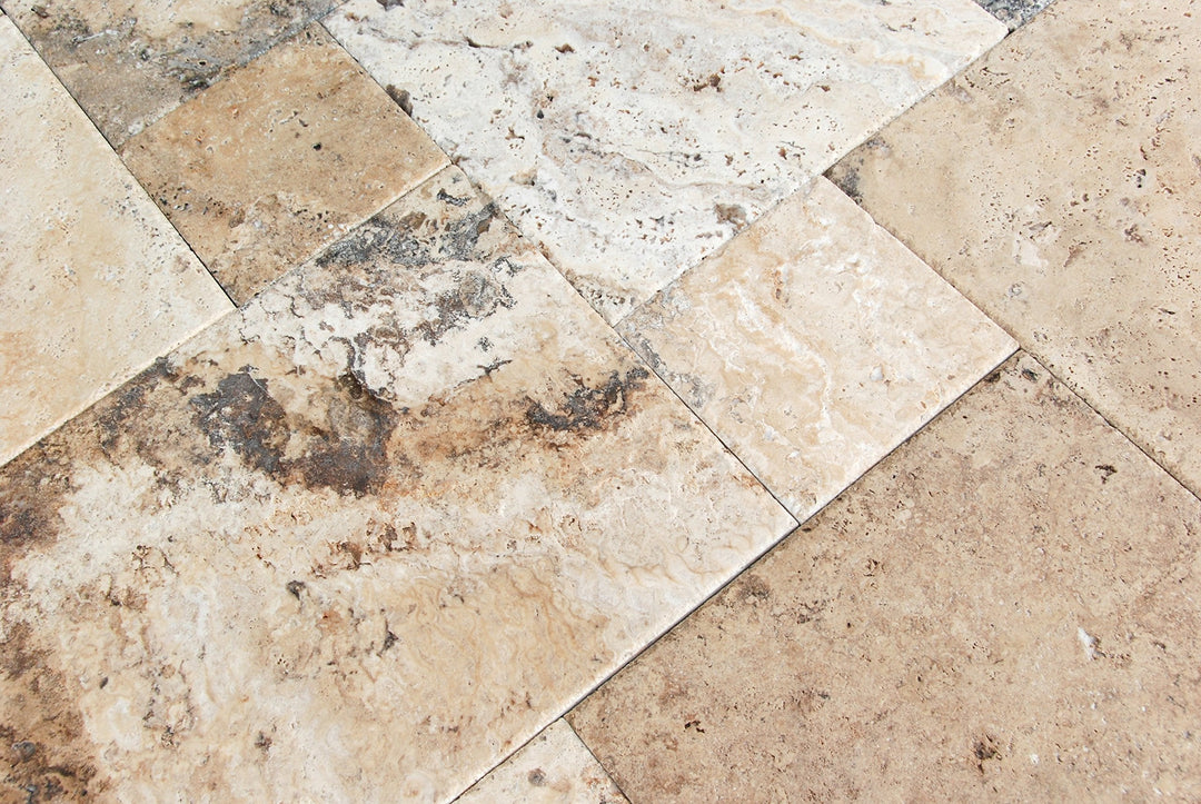 Philadelphia travertine tile in warm beige-brown with a tumbled finish