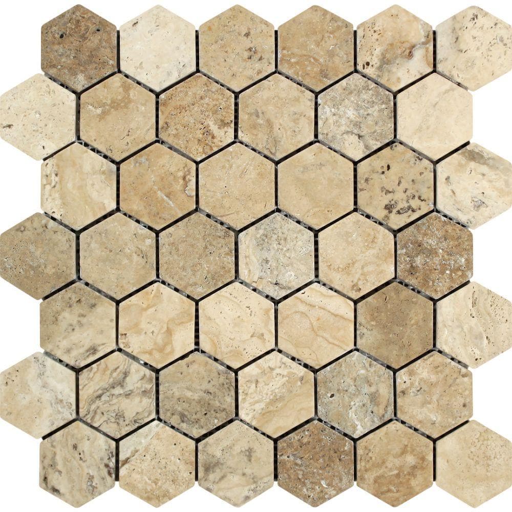 Philadelphia Travertine mosaic in warm beige-brown tumbled squares