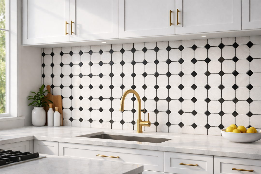 White marble mosaic tile in Thassos and Carrara on mesh-backed sheets