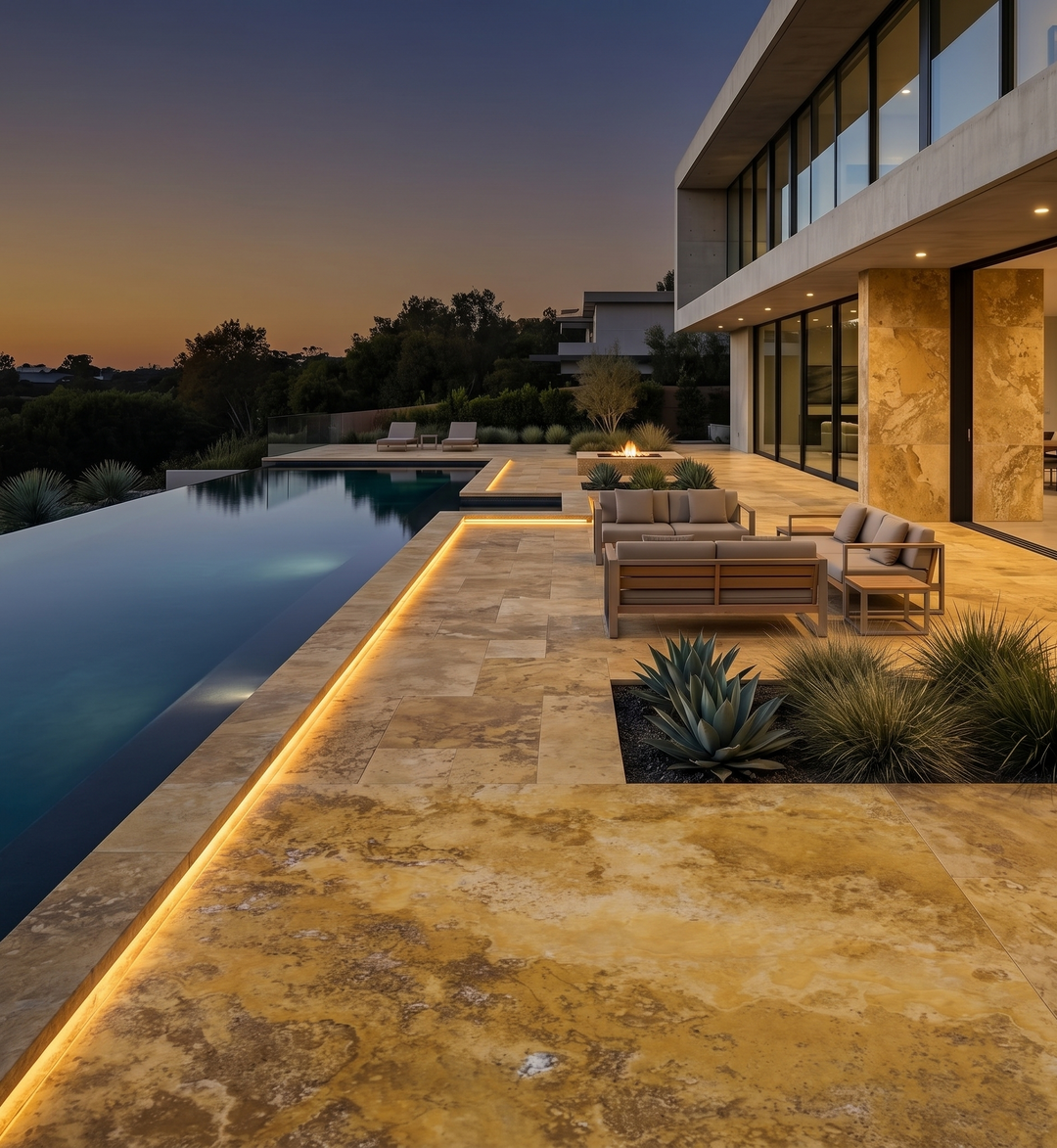 Gold Travertine tile in warm honey tones with a filled and honed finish