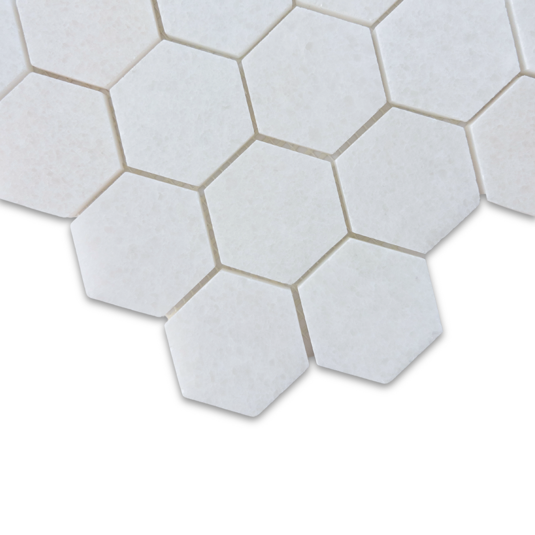Thassos White marble mosaic in pure white hexagon and waterjet patterns
