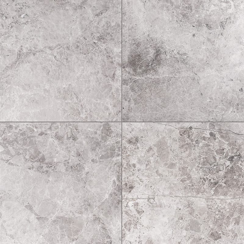 Tundra Gray marble tile in soft gray with subtle cloudy veining