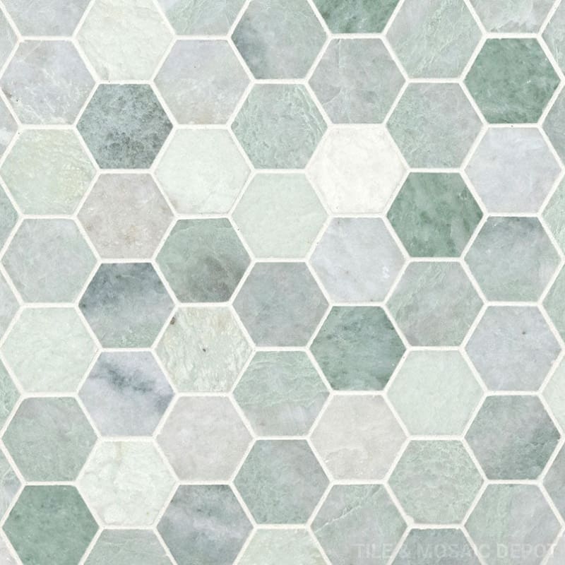 Hexagon mosaic tile collection in marble and natural stone on mesh-backed sheets