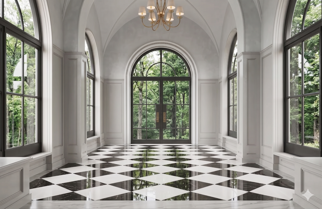 Black and white marble checkerboard tile pattern in natural stone for bathroom floor and entryway applications — Tile & Mosaic Depot