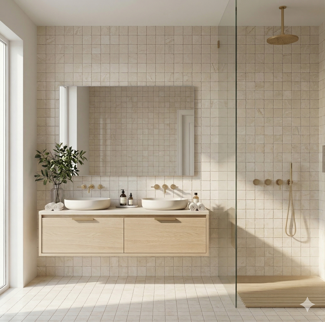 Cream tile in soft Crema marble and limestone with a light, warm tone