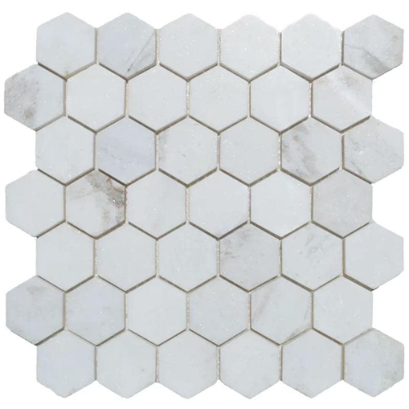 Calacatta Amber marble hexagon mosaic in white with amber veining