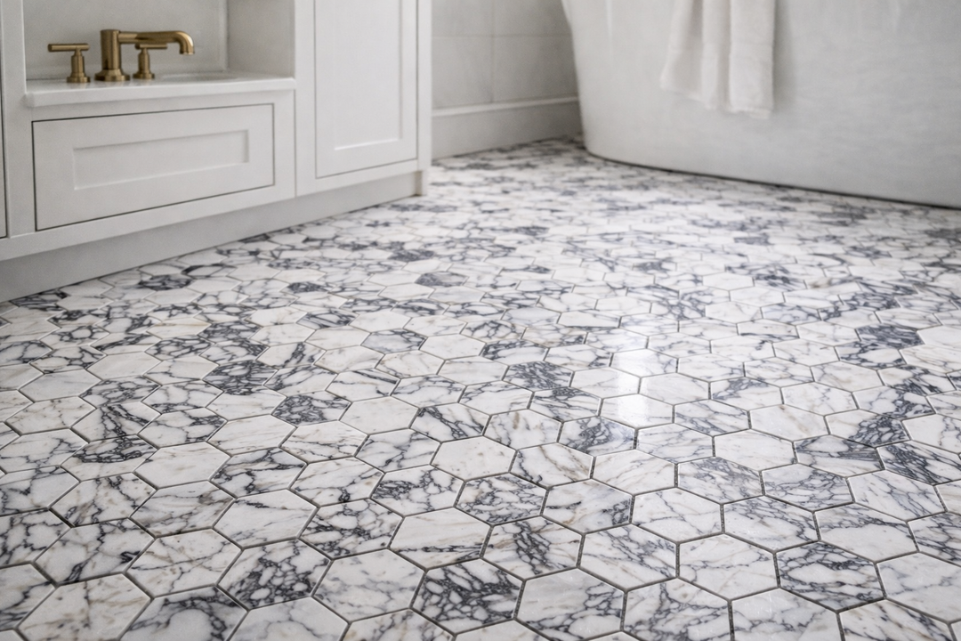 Calacatta Viola marble mosaic in herringbone with burgundy veining 