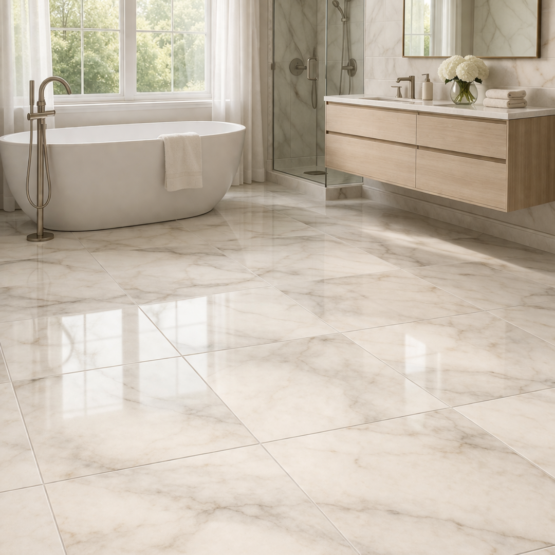 Polished marble floor tile with high-gloss reflective finish showing natural stone veining — Tile & Mosaic Depot