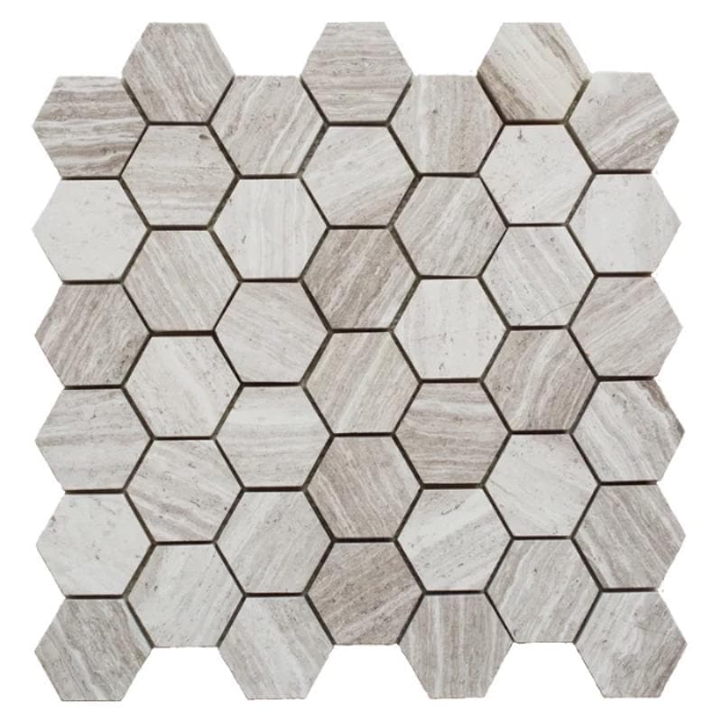 Haisa Light White Oak marble hexagon mosaic in soft gray-white