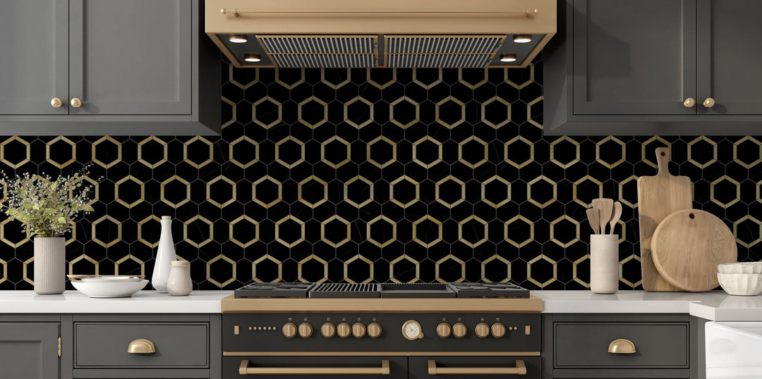 black and brass marble hexagon mosaic tile