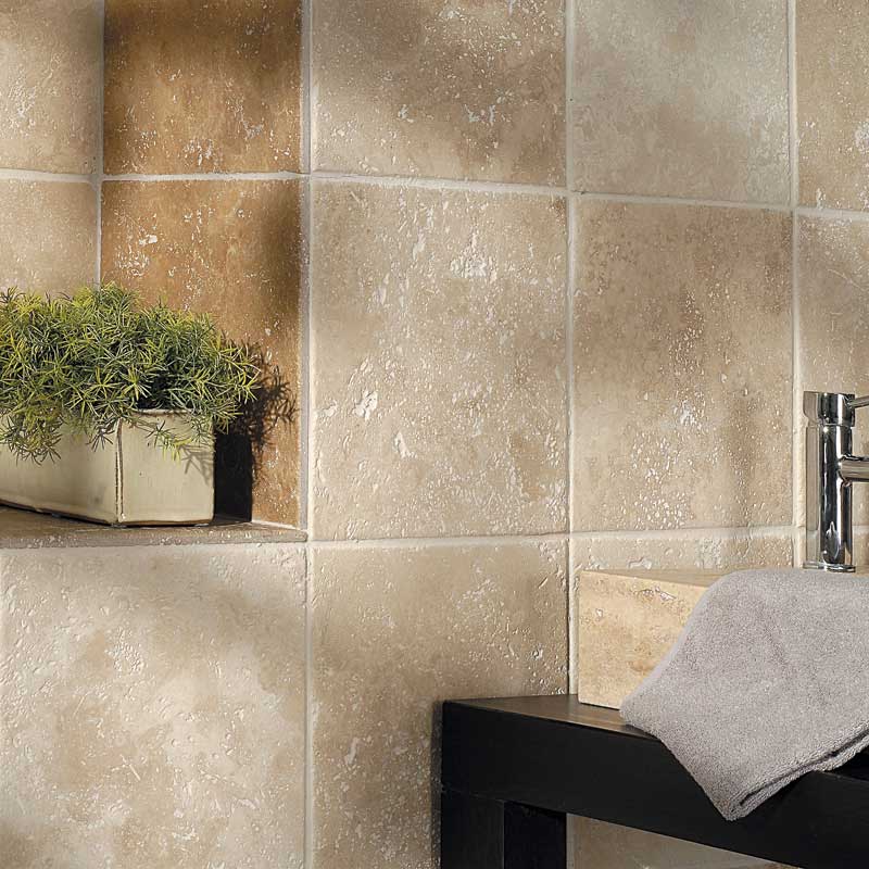 12x12 natural stone tile in marble and travertine, classic square format