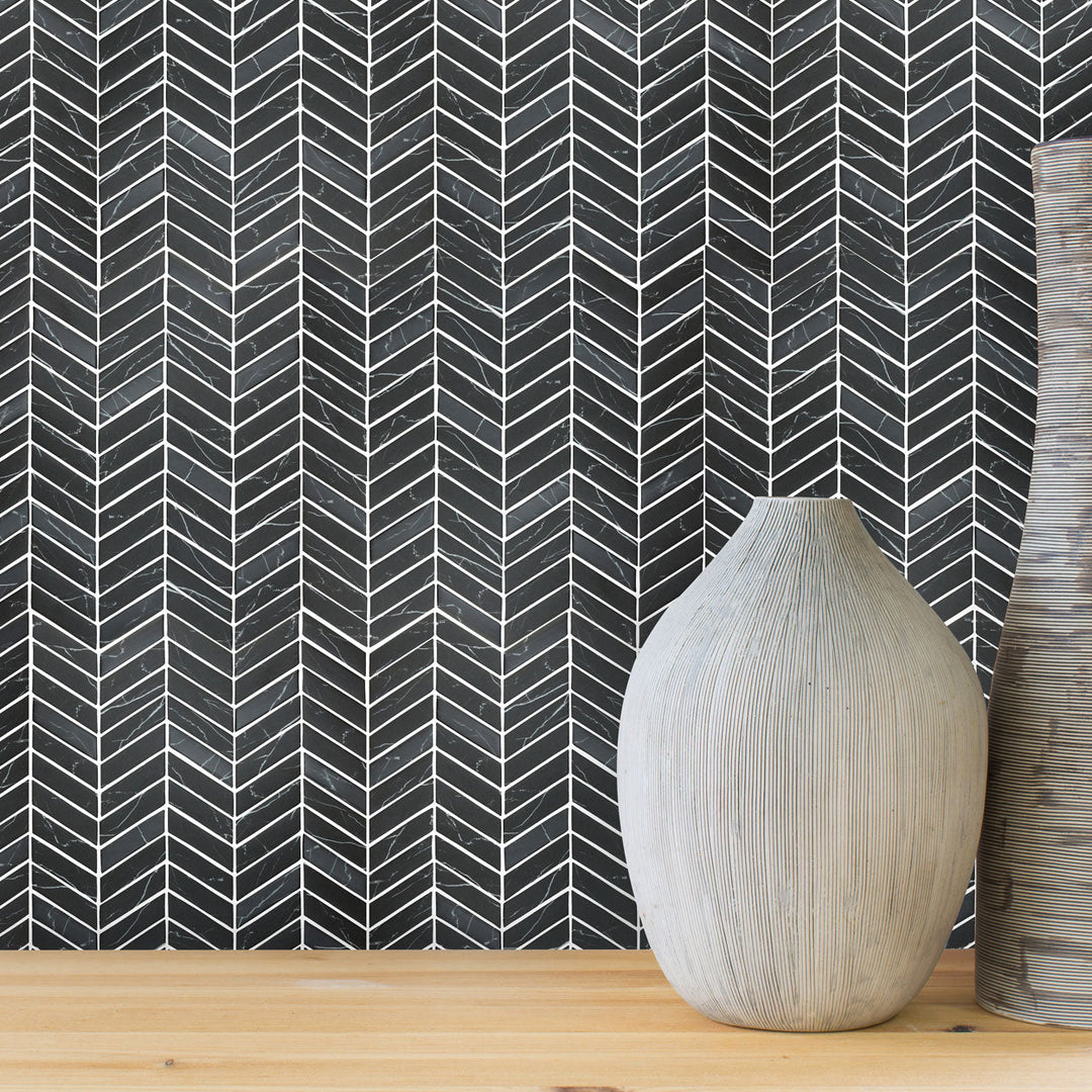 Chevron tile in white marble continuous V-pattern