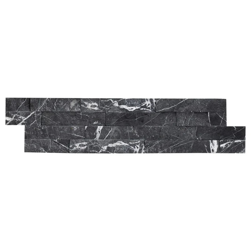 Nero Marquina black marble stacked stone ledger panel with white veining