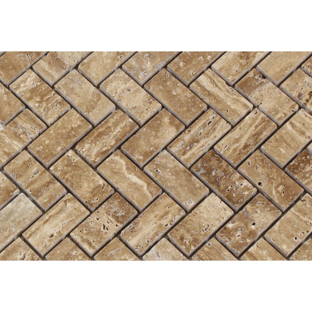 noce travertine 1x2 tumbled herringbone mosaic tile in warm ivory and cream tones for kitchen backsplash and shower wall applications — Tile & Mosaic Depot