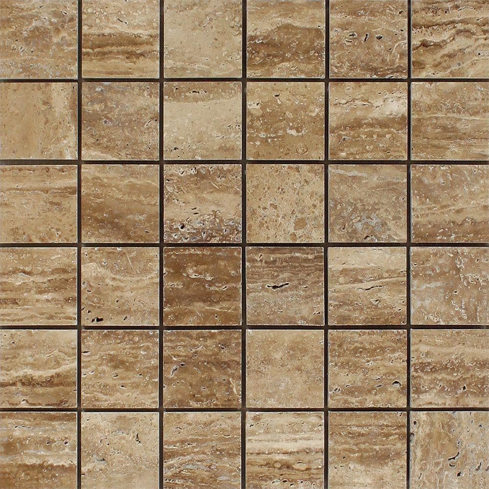 Noce travertine 2x2 unfilled polished mosaic tile showing a natural stone surface with a smooth, shiny finish and intricate tile pattern.