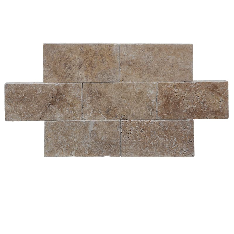 Tumbled Walnut Travertine 6x12 paver, natural hardscape tile with warm brown tones, ideal for outdoor patio or walkway installation.
