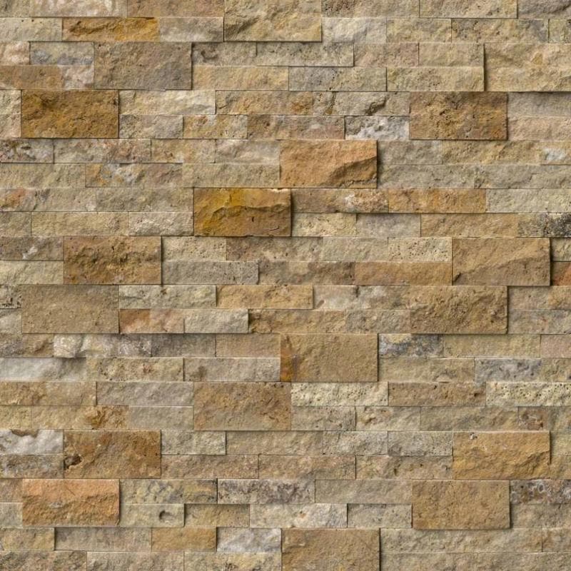 Travertine Scabos 6x24 split face stacked stone ledger panel, natural textured stone wall cladding for interior or exterior use.