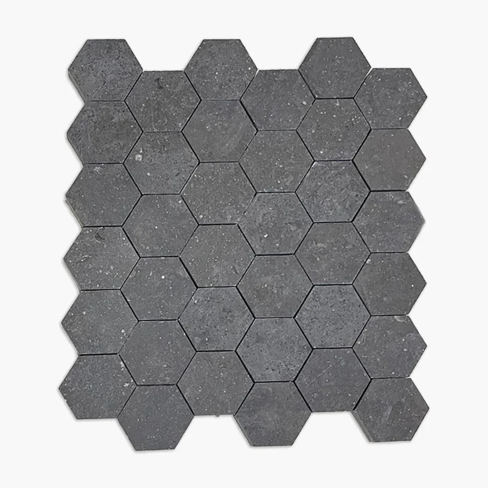Nova Blue Limestone herringbone mosaic in soft blue-gray