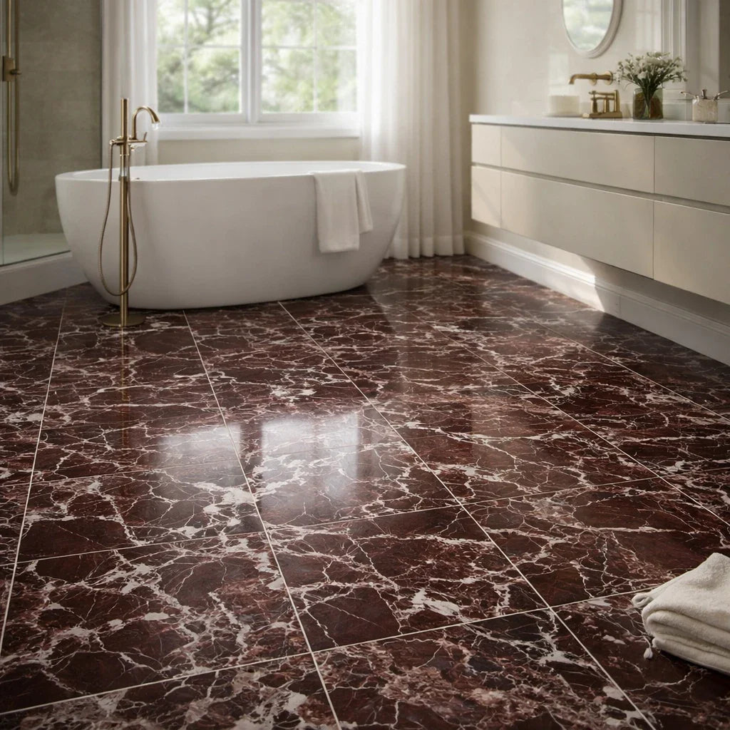 Rosso Levanto red marble floor tile installed in 12x12 format showing natural veining and polished finish — Tile & Mosaic Depot