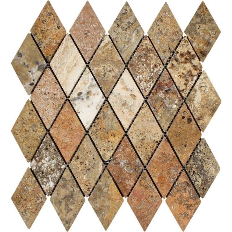 Travertine Scabos 2x4 diamond-shaped tumbled mosaic tile by TILE AND MOSAIC DEPOT, showing a natural stone surface with textured finish.