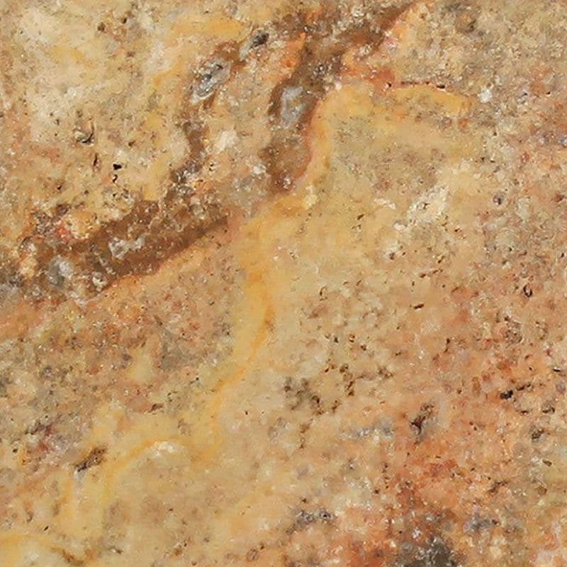 Scabos travertine tile in rich multi-tone gold, rust, and ivory blend showing natural color variation for outdoor patio and pool deck applications — Tile & Mosaic Depot