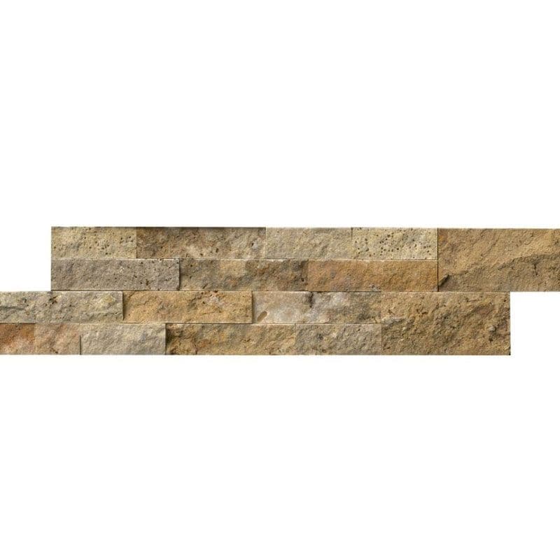 Scabos travertine ledger panels stacked stone wall