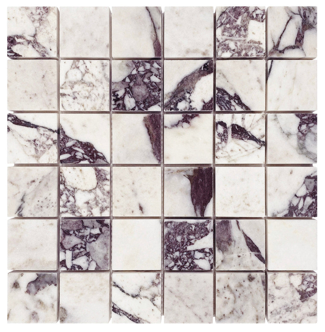 Square mosaic tile collection in marble and travertine on mesh-backed sheets