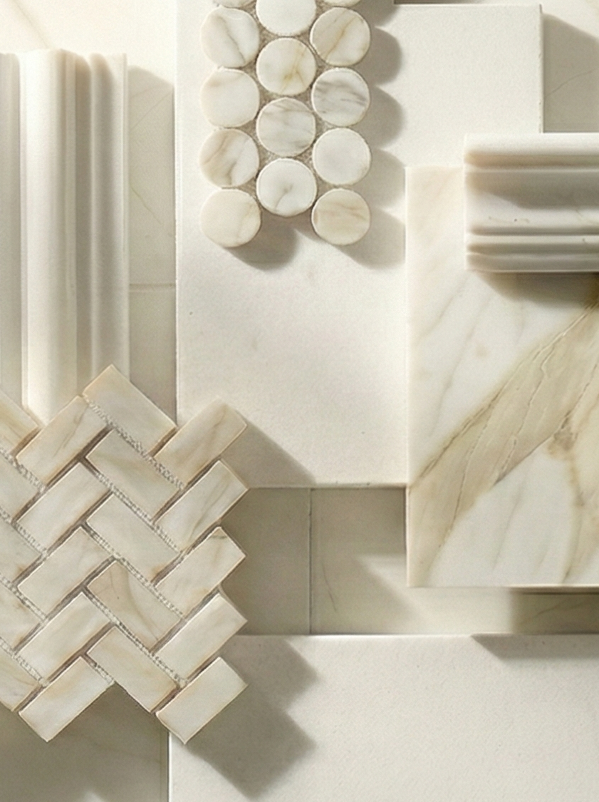 Natural stone and tile samples showing marble, travertine and mosaic tile pieces for in-home evaluation before ordering — Tile & Mosaic Depot