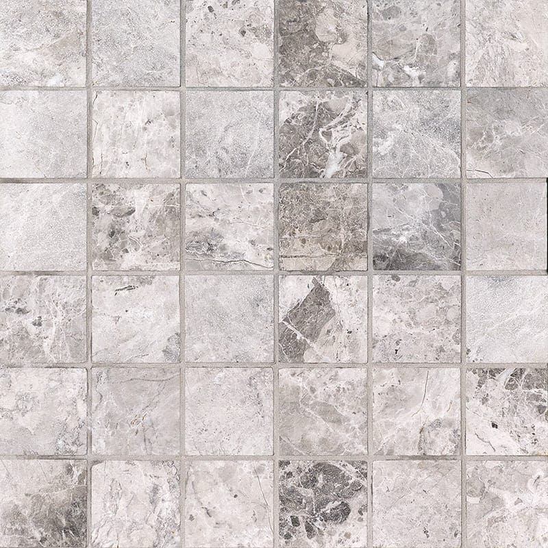 Tundra Gray marble mosaic in soft gray 2x2 squares and hexagons