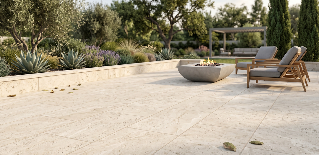 Beige limestone natural stone tile with 18x36 brushed finish, ideal for flooring or wall installation.