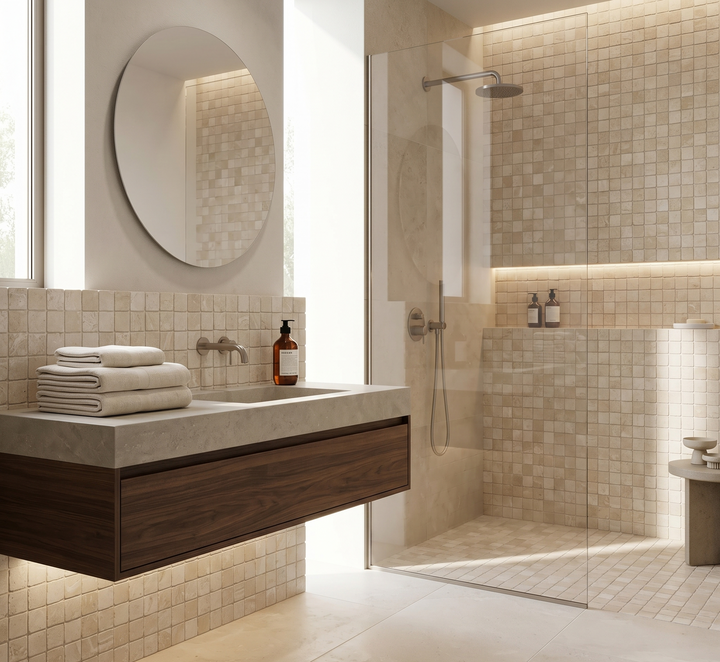 Beige Botticino marble 2x2 tumbled mosaic tile from TILE AND MOSAIC DEPOT, showing a close-up of textured marble squares.