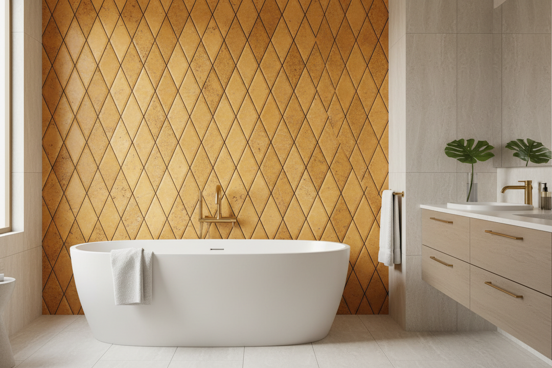 2x4 Honed Gold Travertine Deep Beveled Diamond Mosaic — Modern Bathroom