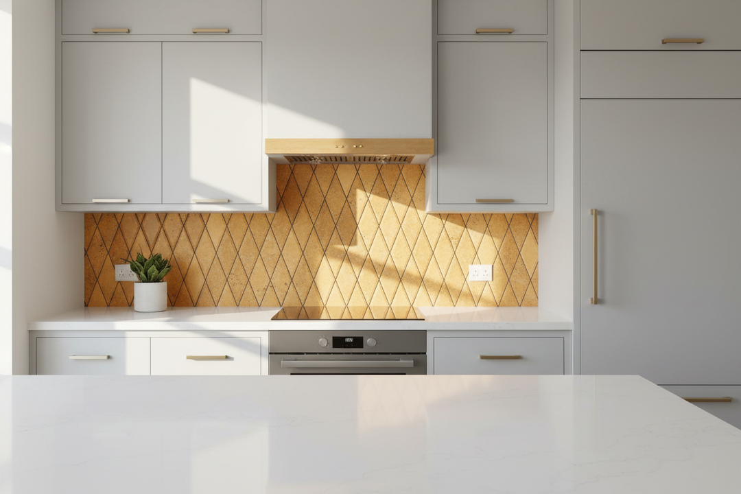 2x4 Honed Gold Travertine Deep Beveled Diamond Mosaic — Modern Kitchen
