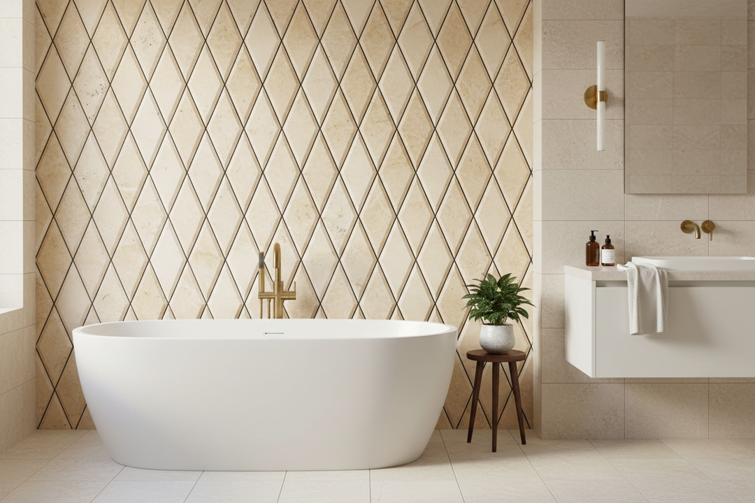 3x6 Honed Ivory Travertine Deep Beveled Diamond Mosaic — Modern Bathroom