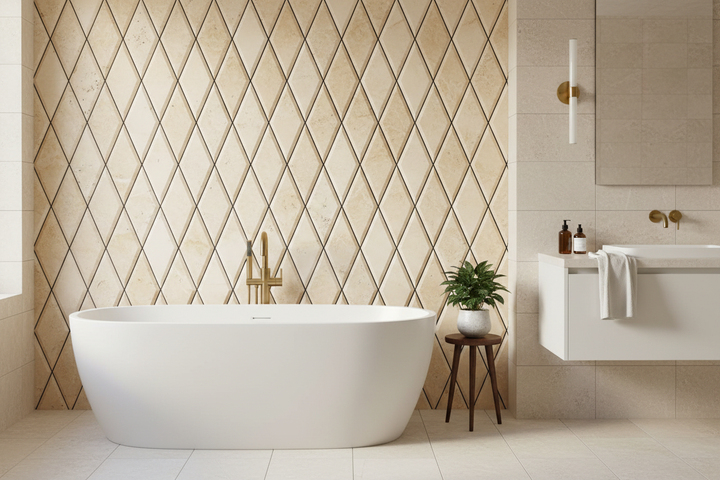 3x6 Honed Ivory Travertine Deep Beveled Diamond Mosaic — Modern Bathroom