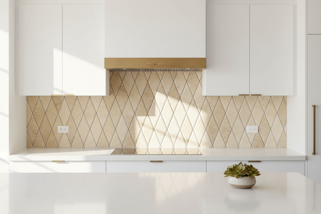 3x6 Honed Ivory Travertine Deep Beveled Diamond Mosaic — Modern Kitchen