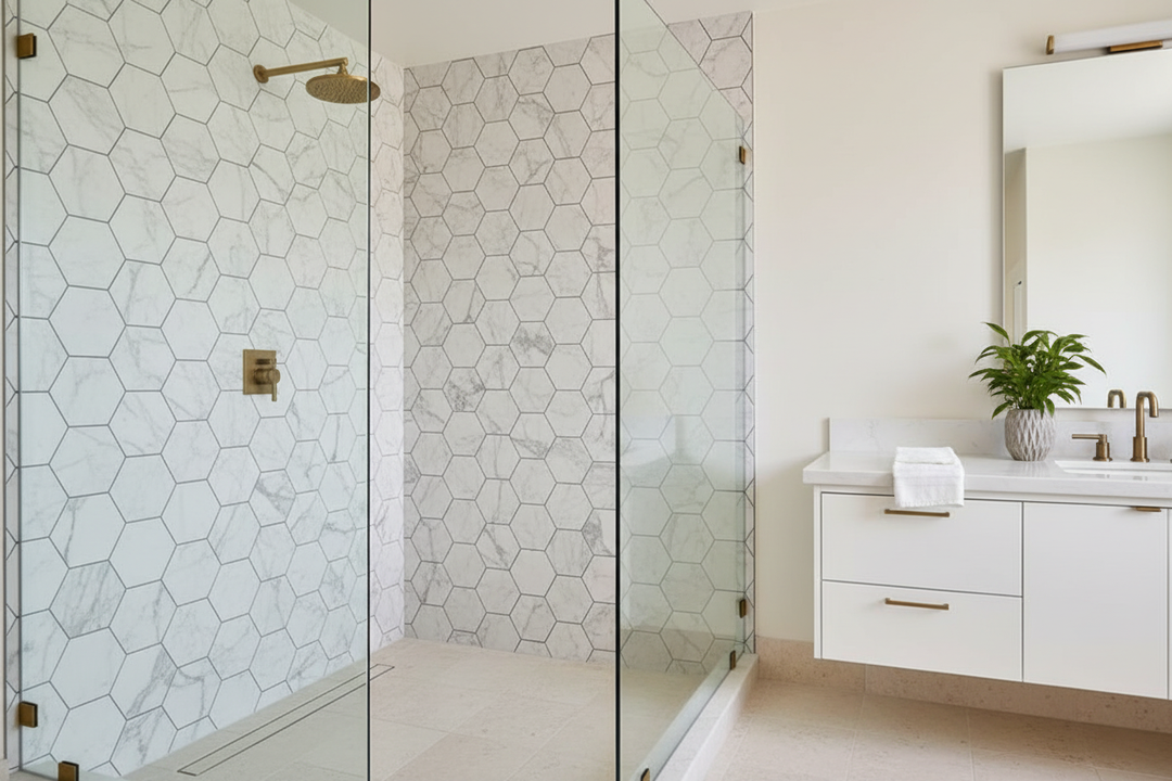 4x4 Bianco Carrara Hexagon Polished Mosaic — Modern Bathroom