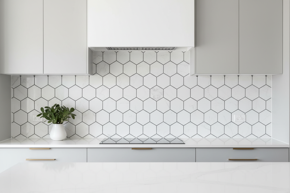 4x4 Thassos White Hexagon Polished Mosaic — Modern Kitchen