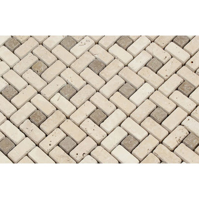 Ivory Travertine Tumbled Mini Pinwheel Mosaic Tile w/ Noce Dots - TILE & MOSAIC DEPOT