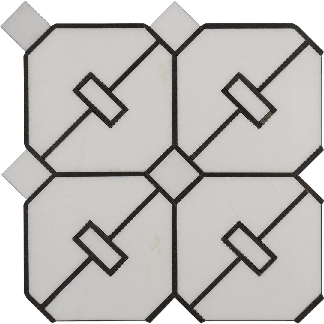 Thassos & Black Basalt Marble Axle Waterjet Mosaic Tile - TILE & MOSAIC DEPOT