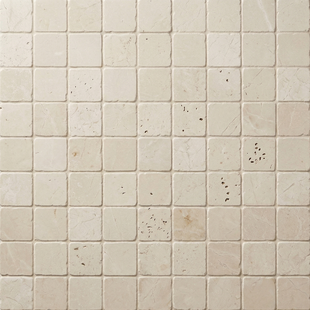 Tumbled Botticino marble 4x4 natural stone tile, beige with subtle veining, ideal for flooring or wall accents.