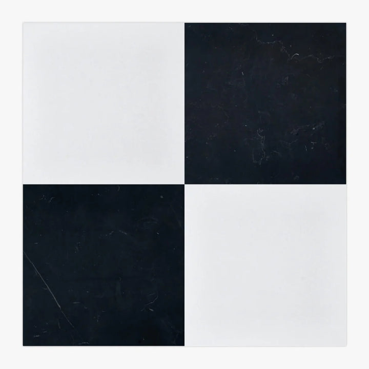 Thassos White and Nero Marquina marble checkerboard tile, 12x12 natural stone tile with black and white pattern.