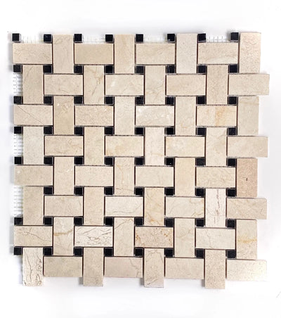 Crema Marfil Marble Basketweave with Black Dots Polished Mosaic Tile - TILE & MOSAIC DEPOT