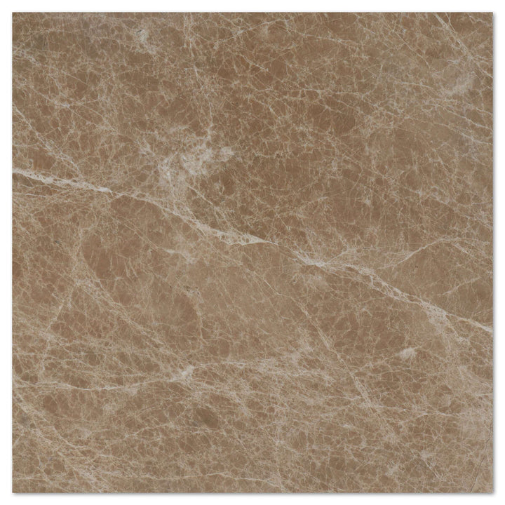 Natural Emperador Light marble 12x12 polished tile from TILE AND MOSAIC DEPOT, showcasing smooth surface and elegant veining.